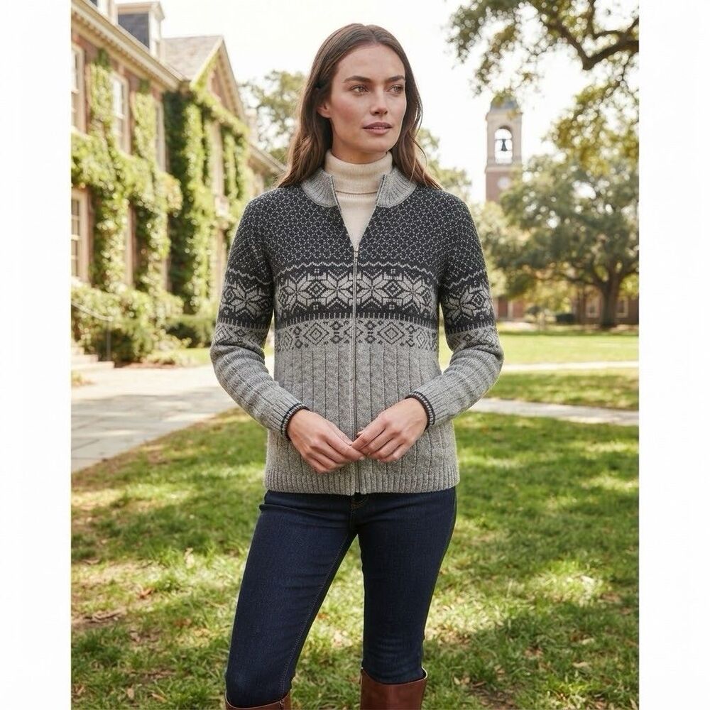 Vintage Mac & Jac Wool Fair Isle Cardigan Size S M Gray Ski Nordic Alpine Cabin